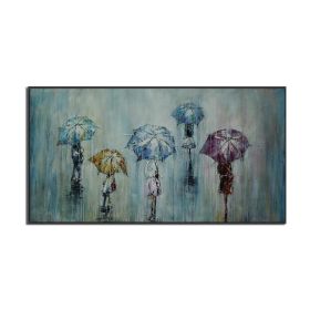 People Walking In The Rain With Umbrella Painting 100% Hand Painted Oil Painting On Canvas Decorative Blue Wall Art For House - 50x100cm