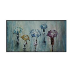 People Walking In The Rain With Umbrella Painting 100% Hand Painted Oil Painting On Canvas Decorative Blue Wall Art For House - 70x140cm