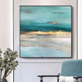 Hand Painted Abstract blue ocean oil painting seaside handmade Wall art Picture for Living room bedroom home decoration gift - 90x90cm
