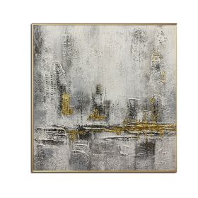 100% Handmade Gold Foil Abstract Oil Painting  Wall Art Modern Minimalist City Building Canvas Home Decor For Living Room No Frame - 60x60cm