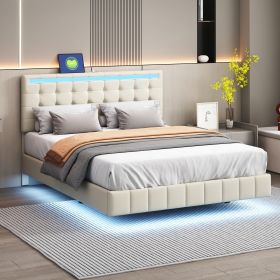 Queen Size Floating Bed Frame with LED Lights and USB Charging,Modern Upholstered Platform LED Bed Frame,Beige - as Pic
