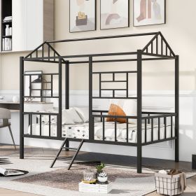 Metal House Bed Frame Twin Size with Slatted Support No Box Spring Needed Black - as Pic