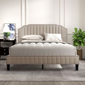 Modern Linen Curved Upholstered Platform Bed , Solid Wood Frame , Nailhead Trim, Beige (Queen) - as Pic
