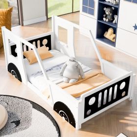 Twin Size Classic Car-Shaped Platform Bed with Wheels,White - as Pic