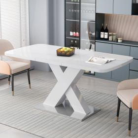 Modern Square Dining Table, Stretchable, White Table Top+MDF X-Shape Table Leg with Metal Base  - White