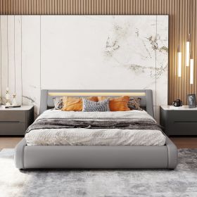 Upholstered Faux Leather Platform bed with a Hydraulic Storage System with LED Light Headboard Bed Frame with Slatted Queen Size - Grey