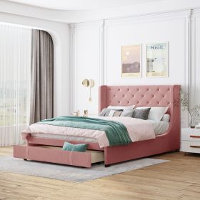 Queen Size Storage Bed Velvet Upholstered Platform Bed with Wingback Headboard and a Big Drawer (Pink) - pic