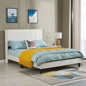 Queen Bed Frame/Velvet Upholstered Bed Frame with Vertical Channel Tufted Headboard Beige - as pic
