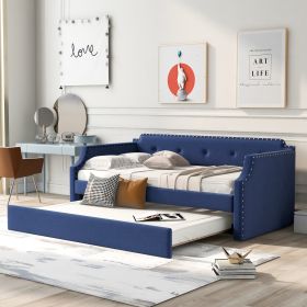 Upholstered Daybed with Trundle;  Wood Slat Support; Upholstered Frame Sofa Bed ;  Twin - Blue