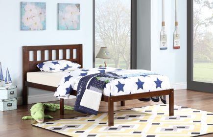 Twin Size Bed, Wood Platform Bed Frame with Headboard For Kids, Slatted, Dark Walnut - as Pic