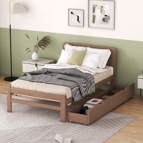 Modern Design Twin Size Platform Bed Frame with 2 Drawers for Walnut Color - as Pic