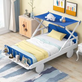 Wood Twin Size Car Bed with Ceiling Cloth, Headboard and Footboard, White+Blue - as Pic
