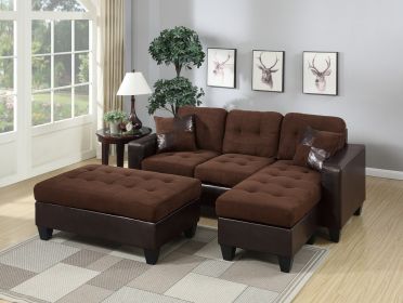 Chocolate Plush Microfiber / Faux Leather 3pcs Reversible Sectional Sofa Chaise w Ottoman Chaise Tufted Couch Lounge Living Room Furniture - as Pic