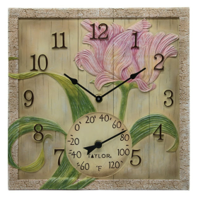 Taylor 14-inch x 14-inch Beechwood Flower Clock with Thermometer - Taylor