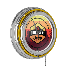 Neon Wall Clock-Jeep Sunset Mountain Double Rung Analog Clock with Pull Chain-Pub, Garage, or Man Cave Accessories (Yellow) - Jeep
