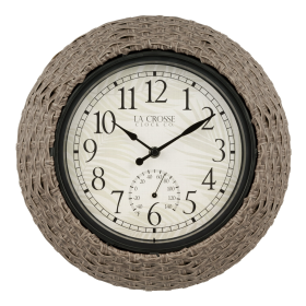 La Crosse Clock 13-inch Weaver Indoor/Outdoor Brown Rattan Quartz Analog Clock, 433-3833 - La Crosse Technology