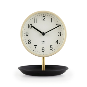 Better Homes & Garden Light Tan Finish and Black Tabletop Round Analog Dial Clock with Trinket Tray Base - Better Homes & Gardens