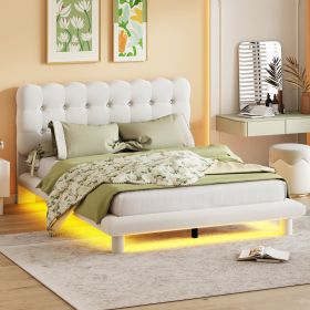 Queen Size Velvet Platform Bed with LED Frame, Thick & Soft Fabric and Button-tufted Design Headboard, Beige - as Pic