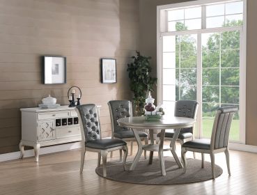 Formal Traditional Dining Table Round Table Silver Hue 5pc Dining Table w Shelf 4x Side Chairs Tufted Back Dining Room Furniture - as Pic