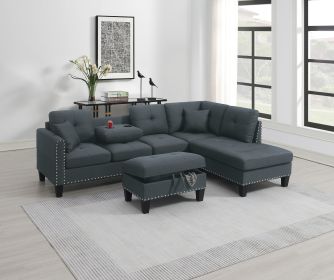 Living Room Furniture 3-PCS Sectional Sofa Set LAF Sofa RAF Chaise And Storage Ottoman Cup Holder Charcoal Color Linen-Like Fabric Couch - as Pic
