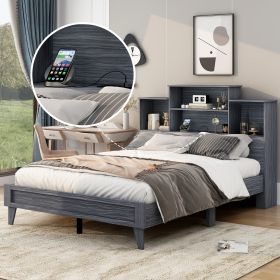 Queen Size Storage Platform Bed Frame with 4 Open Storage Shelves and USB Charging Design,Gray - as Pic