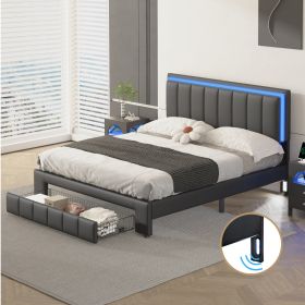 Upholstered Platform Bed with LED Lights and Two Motion Activated Night Lights,Queen Size Storage Bed with Drawer, Black - as Pic