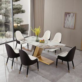 71" Contemporary Dining Table Sintered Stone Z shape Pedestal Base in Gold finish with 6 pcs Chairs . - as Pic