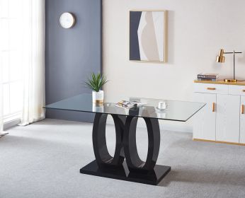 Contemporary Tempered Glass Top Double Pedestal Dining Table, size 63" x 35.4" x 29.5" (Black or White) - as Pic