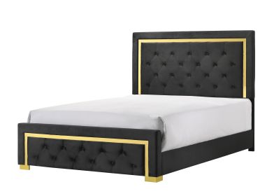Contemporary Glam King Black Fabric Upholstered Panel 1pc Queen Bed Black Fabric Gold Legs Bedroom Furniture - as Pic