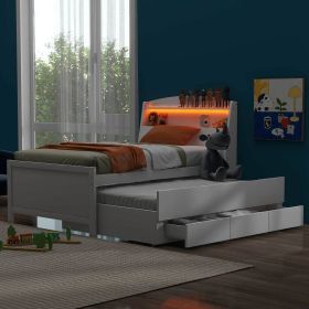 Twin Size Platform Bed with Storage LED Headboard, Twin Size Trundle and 3 Drawers, White - as Pic