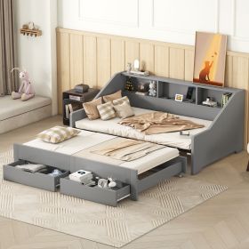 Twin to King Size Daybed Frame with Storage Bookcases and Two Drawers,Charging Design,Gray - as Pic