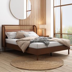 Modern Cannage Rattan Wood Platform Queen Bed, Walnut - as Pic