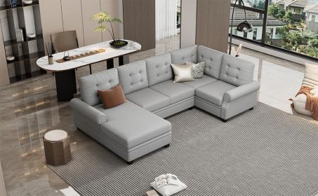 120" Modern U-Shaped Corner Sectional Sofa Upholstered Linen Fabric Sofa Couch for Living Room, Bedroom, Gray - as Pic