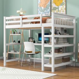 Full Size Loft Bed with Storage Shelves and Under-bed Desk, White - as Pic