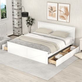 King Size Wooden Platform Bed with Four Storage Drawers and Support Legs, White - as Pic