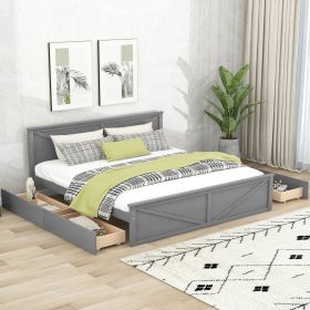 King Size Wooden Platform Bed with Four Storage Drawers and Support Legs, Gray - as Pic
