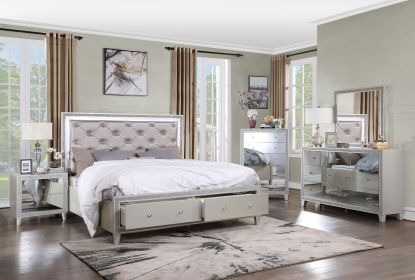 ACME Sliverfluff Eastern King Bed w/LED & Storage, Synthetic Leather & Champagne Finish BD00241EK - as Pic