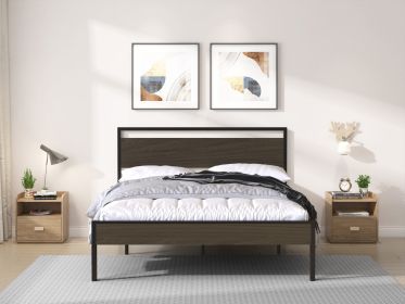 Ceres Metal Bed, Black with Walnut Wood Headboard&Footboard, Queen - as Pic