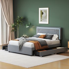 Queen Size Upholstered Platform Bed with Rivet-decorated Headboard, LED bed frame and 4 Drawers, Gray - as Pic