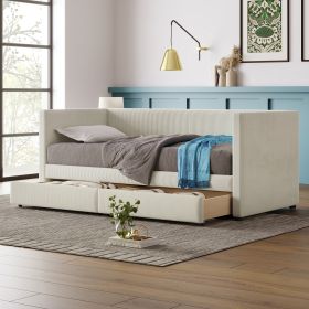 Twin Size Corduroy Daybed with Two Drawers and Wood Slat, Beige - as Pic