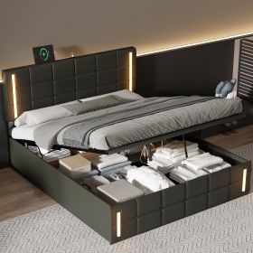 Queen Size Upholstered Bed with LED Lights,Hydraulic Storage System and USB Charging Station,Black - as Pic