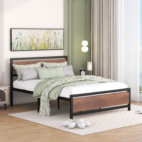 Queen Size Platform Bed, Metal and Wood Bed Frame with Headboard and Footboard , Black - as Pic