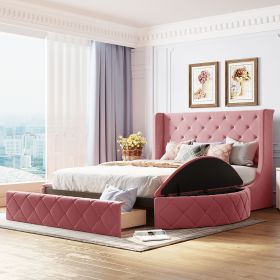 Upholstered Platform Bed Queen Size Storage Velvet Bed with Wingback Headboard and 1 Big Drawer,2 Side Storage Stool(Pink) - as Pic