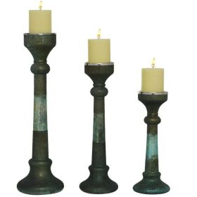 DecMode 3 Candle Green Glass Candle Holder, Set of 3 - DecMode