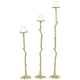 DecMode 3 Candle Gold Aluminum Abstract Tall Floor Textured Metallic Candle Holder with Stick Inspired Design, Set of 3 - Candles & Holders