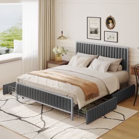 Queen Size Metal Frame Upholstered Bed with 4 Drawers, Linen Fabric, Gray - as Pic