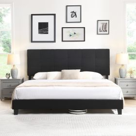 King Size Upholstered Platform Bed Frame with Linen Fabric Headboard, No Box Spring Needed, Wood Slat Support, Easy Assembly, BLACK - as Pic