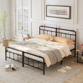 King Size Metal Platform Bed Frame with Victorian Style Wrought Iron-Art Headboard/Footboard, Deep Rustic Brown - as Pic