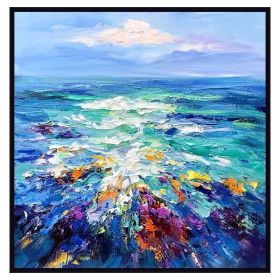 Modern Artist Painted Abstract Dark Blue Sea Oil Painting On Canvas Wall Art Frameless Picture Decor For Living Room Home Gift - 100x100cm