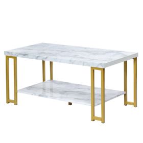 2-Tier Rectangular Modern Coffee Table with Gold Print Metal Frame - White